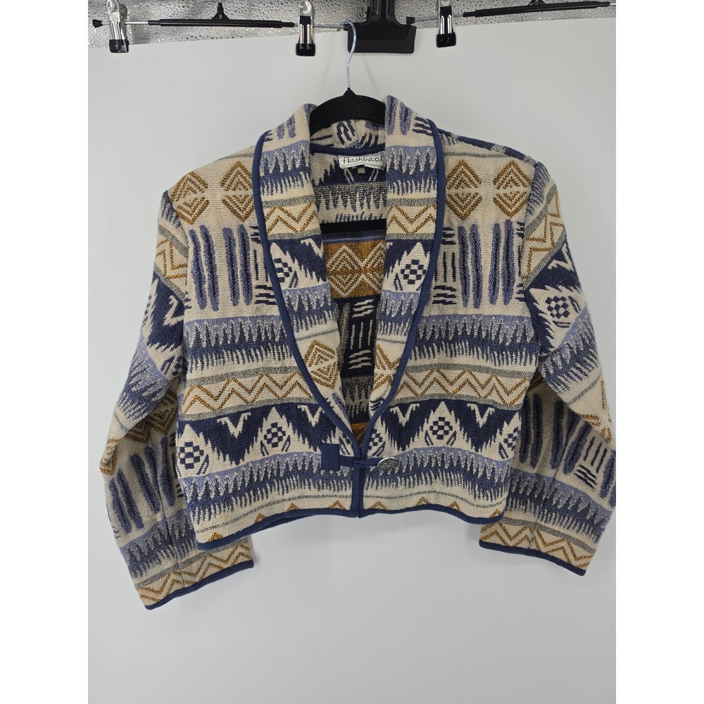 Vintage Flashback Blue Geometric Tapestry Cropped Jacket Shawl Collar Cotton S